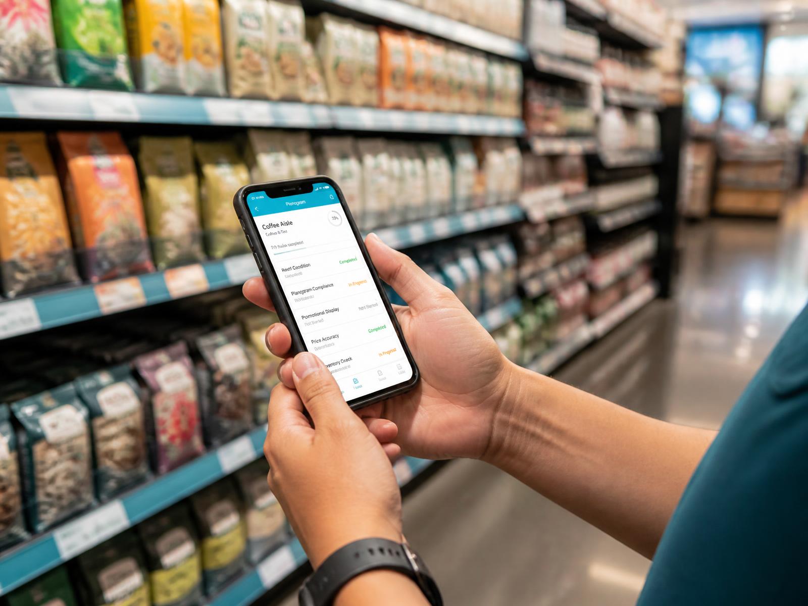 Merchandiser logging a store visit on a phone in a grocery aisle